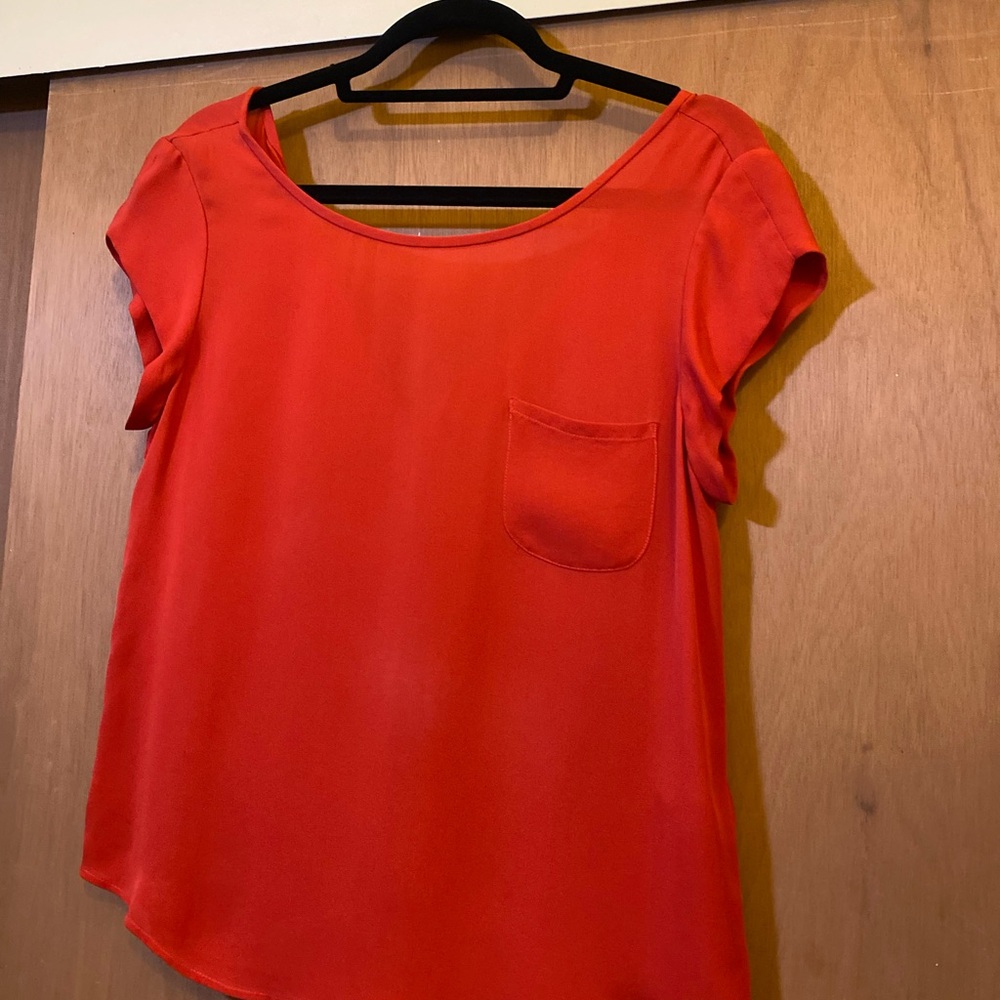 Joie Vibrant Red Silk Blouse with Pocket Detail
